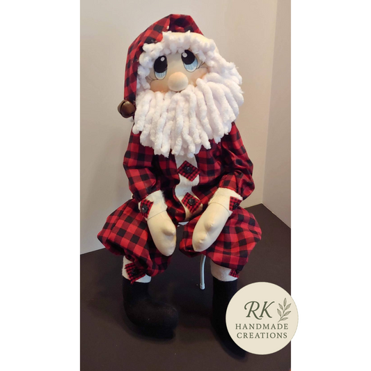 Handmade Full Body Santa Doll | Plaid Christmas Décor | Blue Eyes