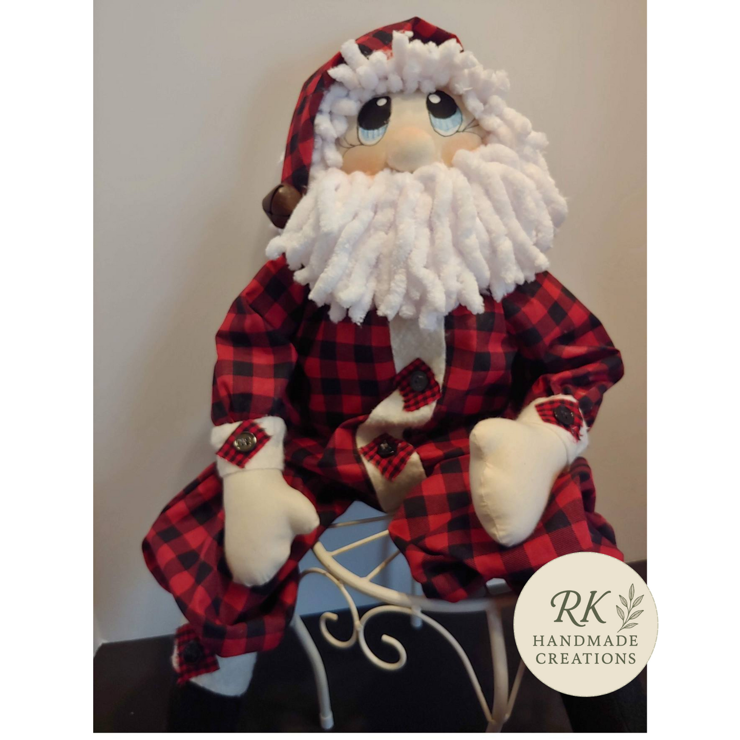 Handmade Full Body Santa Doll | Plaid Christmas Décor | Blue Eyes