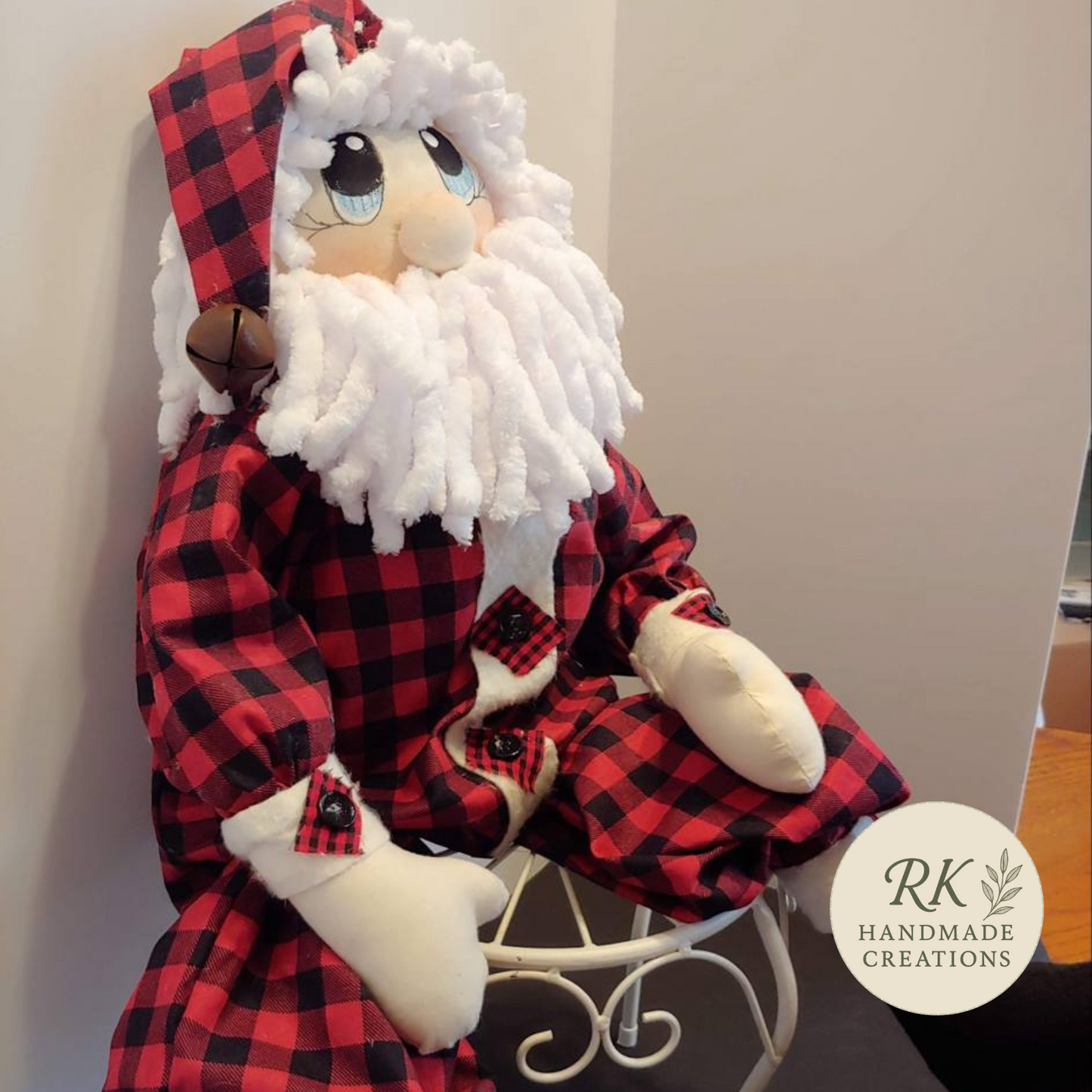 Handmade Full Body Santa Doll | Plaid Christmas Décor | Blue Eyes