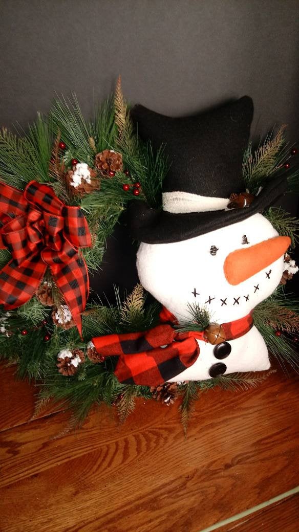 Snowman Wreath Attachment Buffalo Plaid Winter Christmas Home Decor