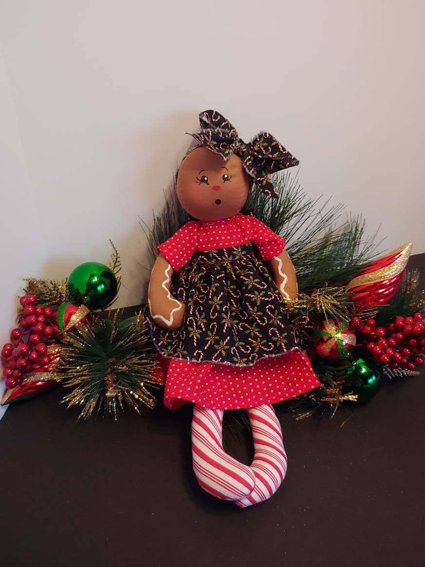 Handmade Gingerbread Doll | Red Dress with Candy Cane Apron