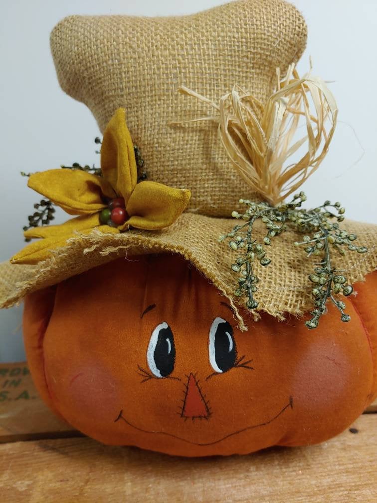 Handmade Scarecrow Pumpkin with Burlap Hat | Fall Wreath Attachment or Table Accent