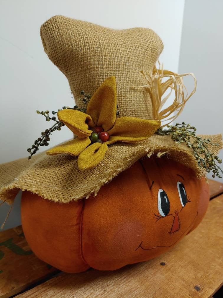 Handmade Scarecrow Pumpkin with Burlap Hat | Fall Wreath Attachment or Table Accent