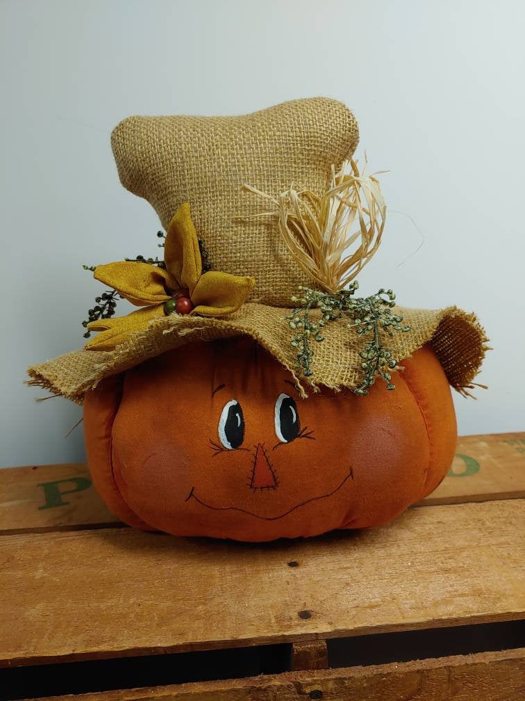 Handmade Scarecrow Pumpkin with Burlap Hat | Fall Wreath Attachment or Table Accent