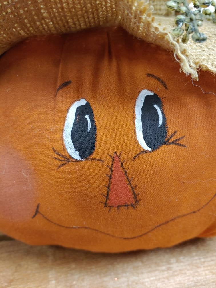 Handmade Scarecrow Pumpkin with Burlap Hat | Fall Wreath Attachment or Table Accent