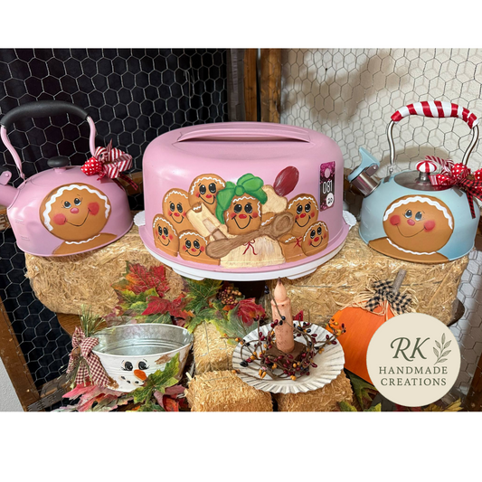 Hand-Painted Gingerbread Tea Kettle & Cake Cover | Holiday Kitchen Décor (Sold Separately or as a Set)
