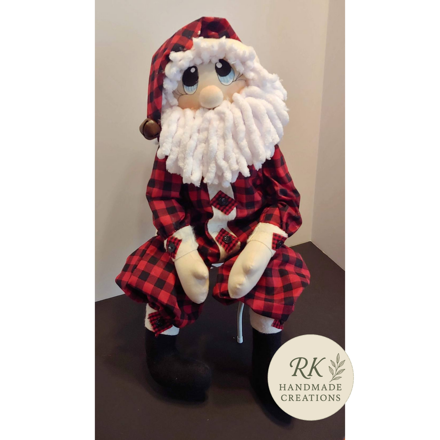 Handmade Full Body Santa Doll | Plaid Christmas Décor | Blue Eyes
