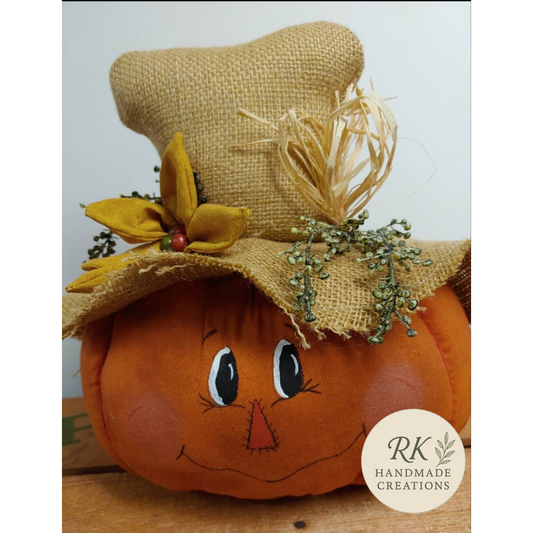 Handmade Scarecrow Pumpkin with Burlap Hat | Fall Wreath Attachment or Table Accent