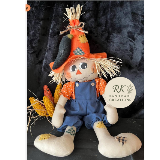 Handmade Scarecrow Doll | Fall Shelf Sitter with Orange Hat & Overalls