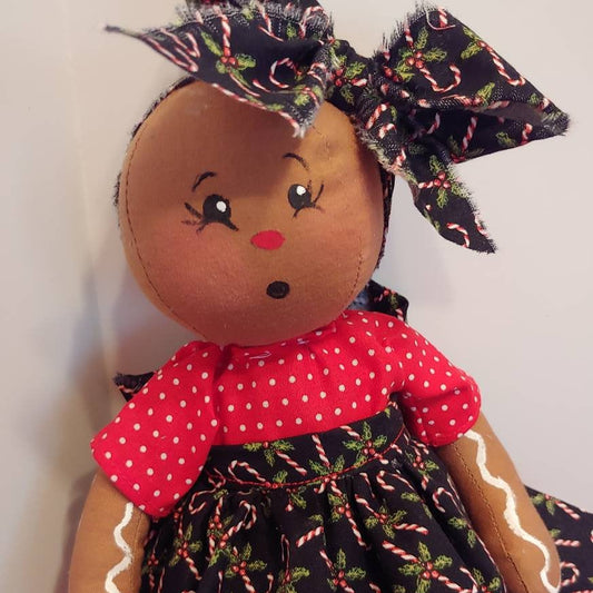 Handmade Gingerbread Doll | Red Dress with Candy Cane Apron
